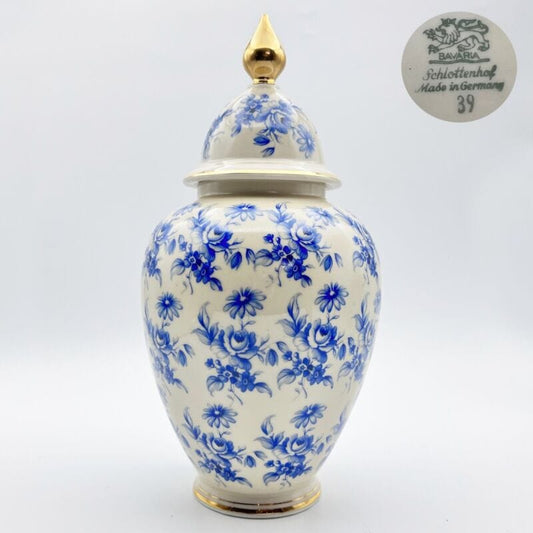 Potiche d'epoca in porcellana Bavaria vaso vintage decoro con rose e fiori blu Ceramiche e Porcellane