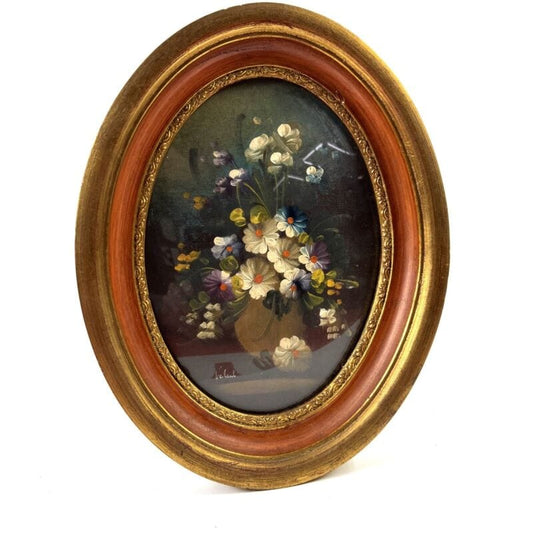 Quadretto antico miniatura olio ovale dipinto fiori cornice in legno dorato 1960 Quadri