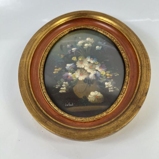 Quadretto antico miniatura olio ovale dipinto fiori cornice in legno dorato 1960 Quadri