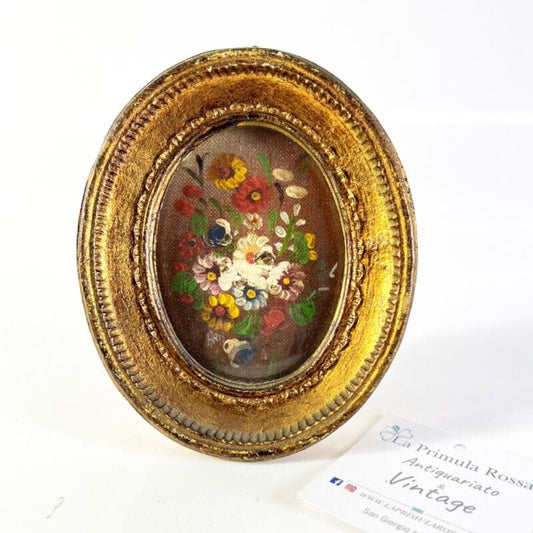 Quadretto antico miniatura olio ovale dipinto fiori cornice in legno dorato  di Quadri