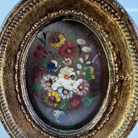 Quadretto antico miniatura olio ovale dipinto fiori cornice in legno dorato  di Quadri
