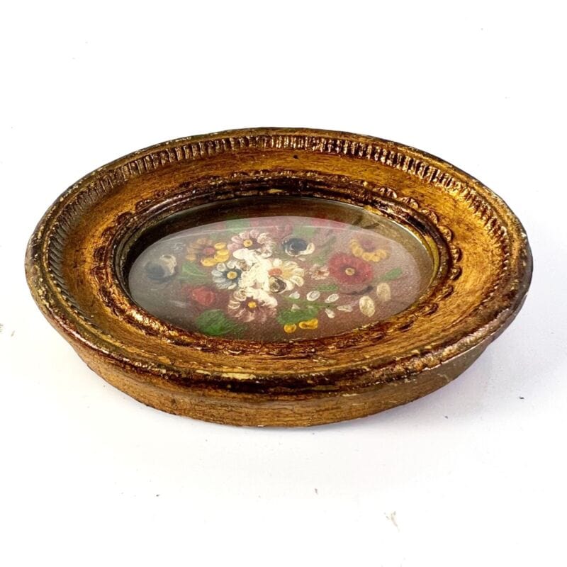 Quadretto antico miniatura olio ovale dipinto fiori cornice in legno dorato  di Quadri