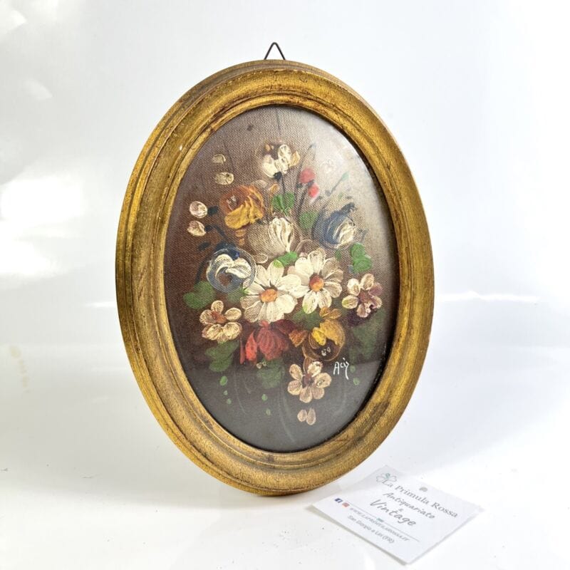 Quadretto antico miniatura olio ovale dipinto fiori cornice in legno dorato Quadri