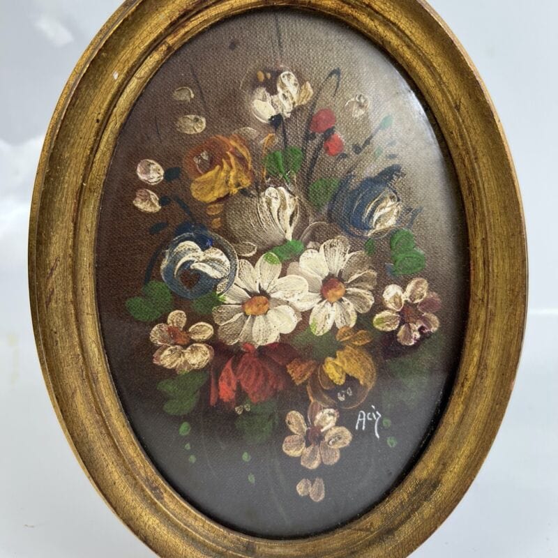Quadretto antico miniatura olio ovale dipinto fiori cornice in legno dorato Quadri