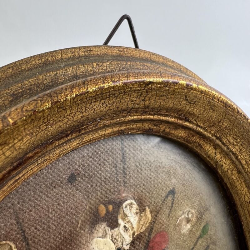 Quadretto antico miniatura olio ovale dipinto fiori cornice in legno dorato Quadri