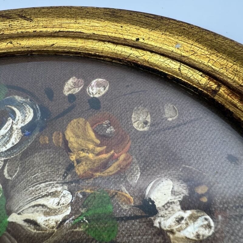 Quadretto antico miniatura olio ovale dipinto fiori cornice in legno dorato Quadri