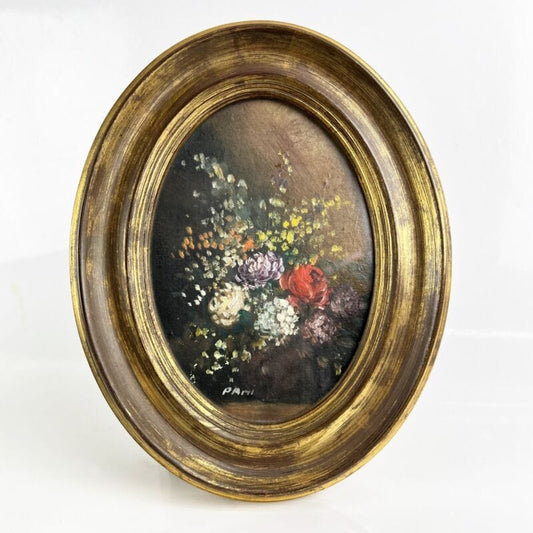 Quadretto antico miniatura olio ovale dipinto fiori cornice in legno oro Firmato Quadri