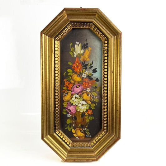 Quadretto antico rettangolare dipinto a olio fiori cornice in legno oro Firmato Quadri