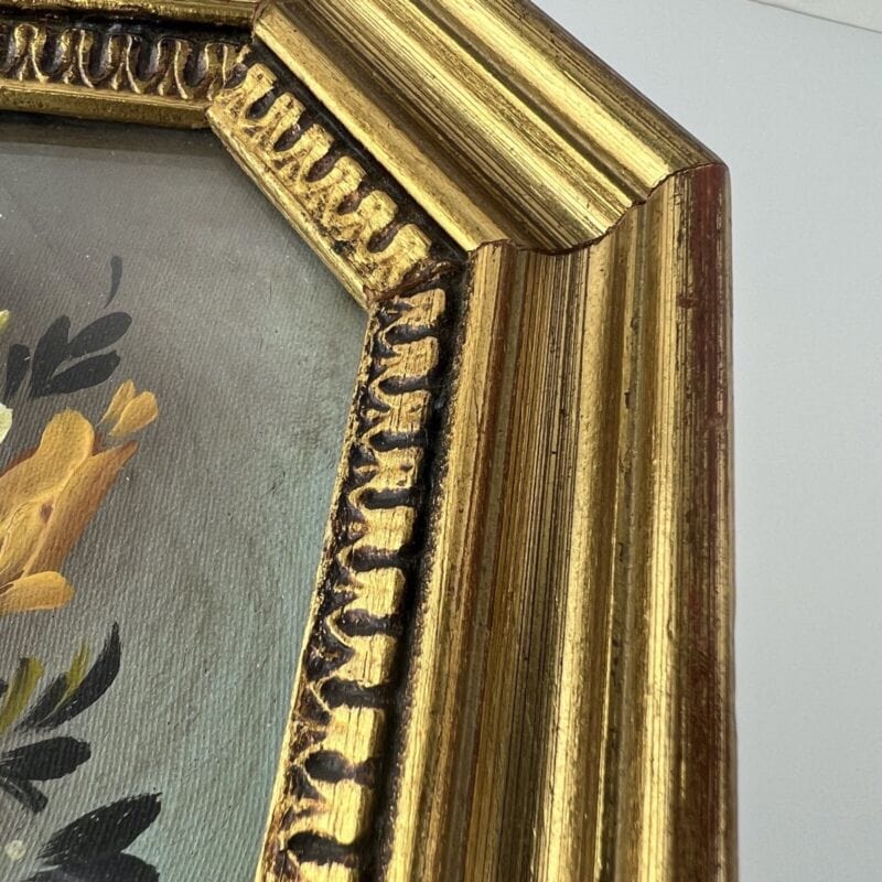Quadretto antico rettangolare dipinto a olio fiori cornice in legno oro Firmato Quadri