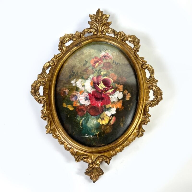 Quadro Antico Dipinto a olio firmato natura morta con fiori cornice oro ovale Quadri