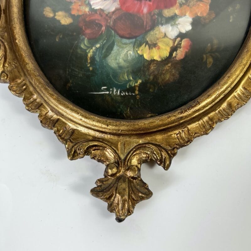 Quadro Antico Dipinto a olio firmato natura morta con fiori cornice oro ovale Quadri