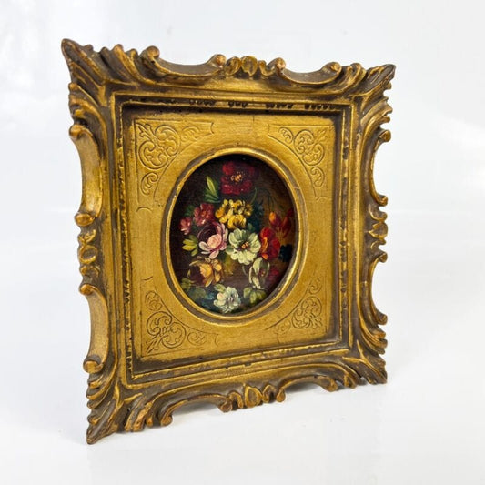 Quadro antico dipinto a olio su tavola quadretto fiori cornice oro stile barocco Quadri