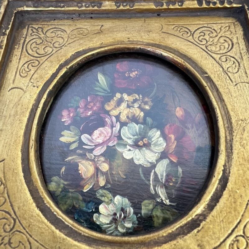 Quadro antico dipinto a olio su tavola quadretto fiori cornice oro stile barocco Quadri