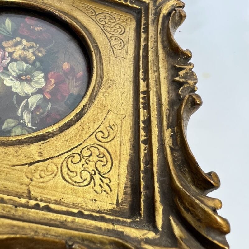 Quadro antico dipinto a olio su tavola quadretto fiori cornice oro stile barocco Quadri