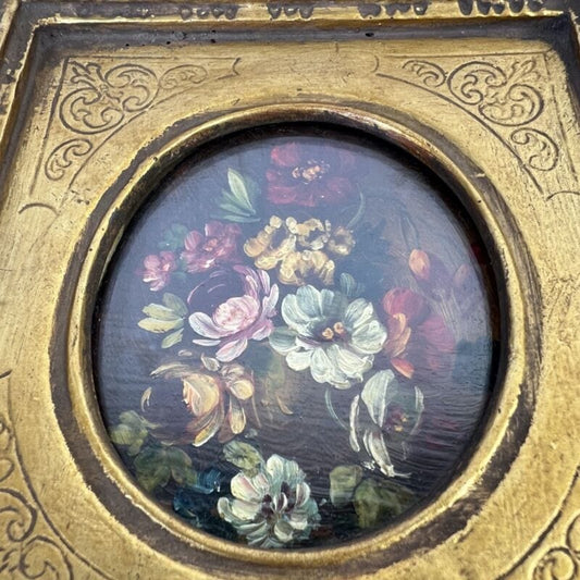Quadro antico dipinto a olio su tavola quadretto fiori cornice oro stile barocco Quadri