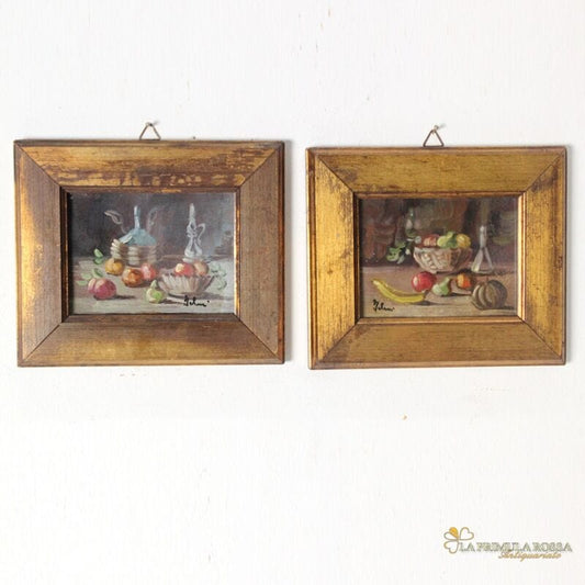 Quadro dipinto a olio natura morta coppia di quadretti stile antico con cornice Quadri