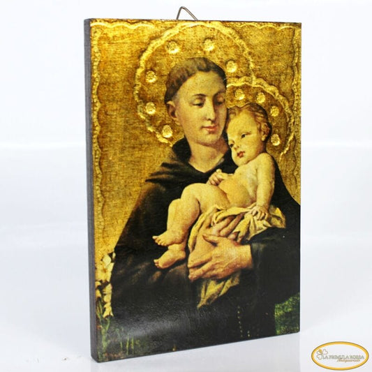 Sant Antonio stampa a colori su tavola in legno Icona religiosa vintage antica Oggetti sacri - rosari