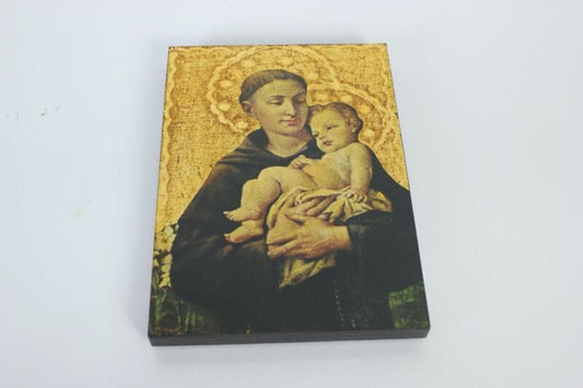 Sant Antonio stampa a colori su tavola in legno Icona religiosa vintage antica Oggetti sacri - rosari