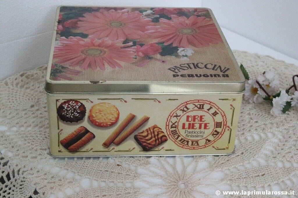 SCATOLA DI LATTA  ANNI 80 PASTICCINI PERUGINA ORE LIETE VINTAGE ITALIAN TIN BOX Pubblicità vintage