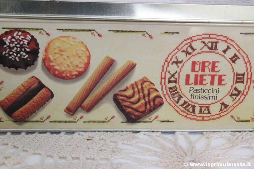 SCATOLA DI LATTA  ANNI 80 PASTICCINI PERUGINA ORE LIETE VINTAGE ITALIAN TIN BOX Pubblicità vintage