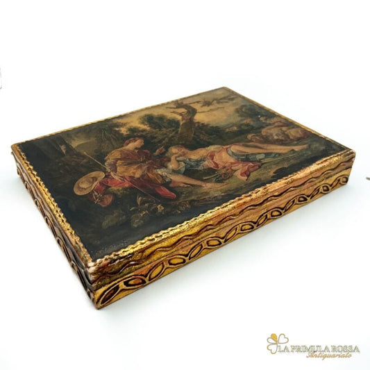 Scatola fiorentina vintage in legno e oro La Pastora Dormiente stile Rococò Scatole in legno