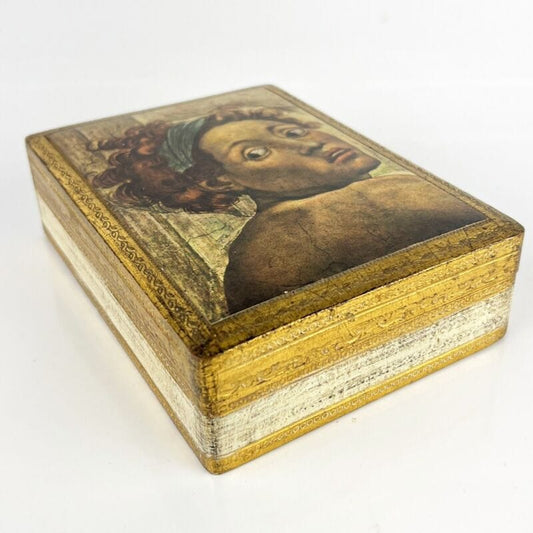 Scatola fiorentina vintage porta sigari in legno oro Volto Ignudi Michelangelo Scatole in legno