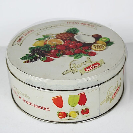 Scatola in latta vintage da collezione di caramelle rotonda vecchia CAFFAREL Pubblicità vintage