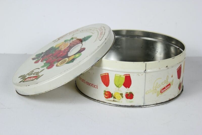 Scatola in latta vintage da collezione di caramelle rotonda vecchia CAFFAREL Pubblicità vintage