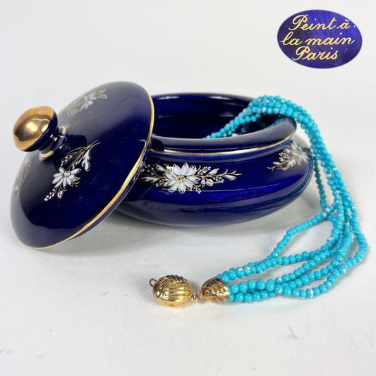 SCATOLA PORTAGIOIE VINTAGE IN PORCELLANA LIMOGES BLU COBALTO E ORO COFANETTO Ceramiche e Porcellane