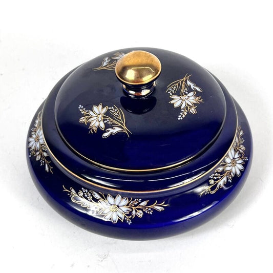 SCATOLA PORTAGIOIE VINTAGE IN PORCELLANA LIMOGES BLU COBALTO E ORO COFANETTO Ceramiche e Porcellane