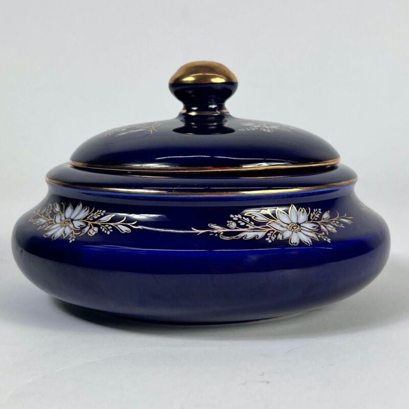 SCATOLA PORTAGIOIE VINTAGE IN PORCELLANA LIMOGES BLU COBALTO E ORO COFANETTO Ceramiche e Porcellane