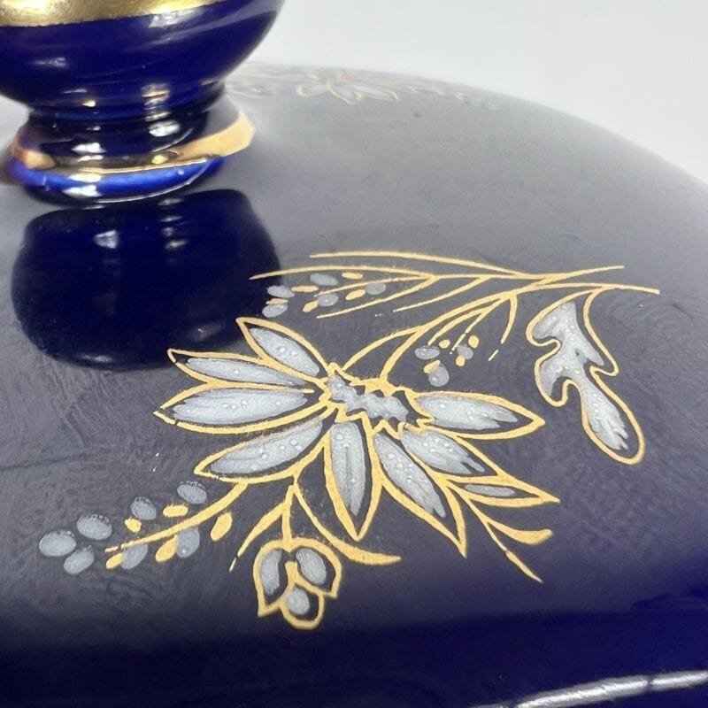 SCATOLA PORTAGIOIE VINTAGE IN PORCELLANA LIMOGES BLU COBALTO E ORO COFANETTO Ceramiche e Porcellane