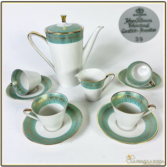 Servizio da caffe antico in porcellana Bavaria tazze tazzine verde e oro per 4 Ceramiche e Porcellane