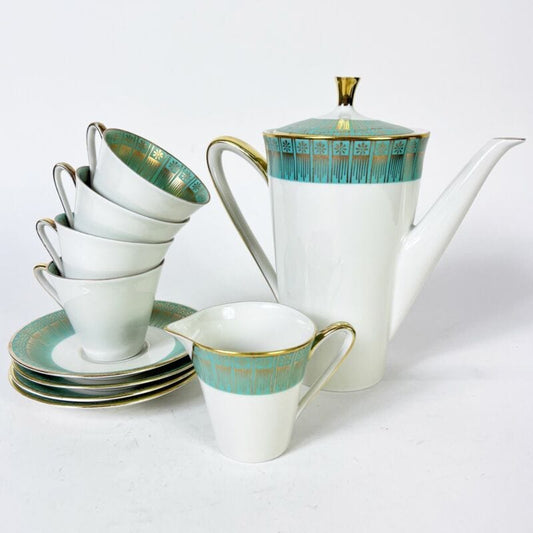 Servizio da caffe antico in porcellana Bavaria tazze tazzine verde e oro per 4 Ceramiche e Porcellane