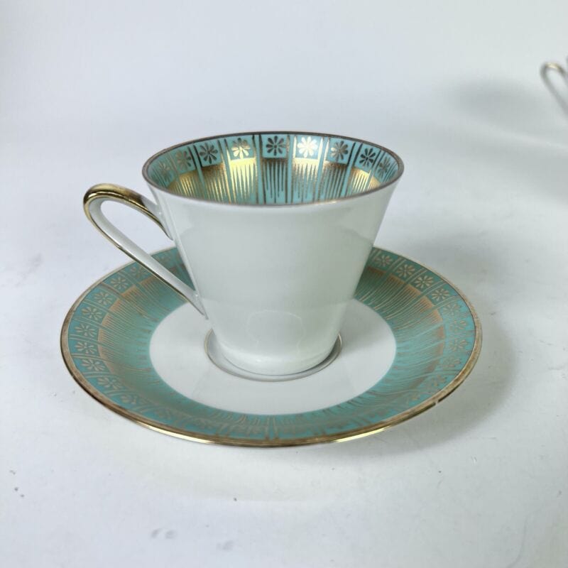 Servizio da caffe antico in porcellana Bavaria tazze tazzine verde e oro per 4 Ceramiche e Porcellane