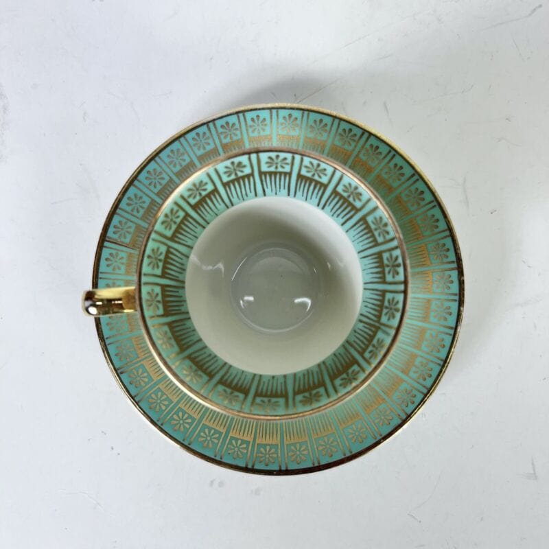 Servizio da caffe antico in porcellana Bavaria tazze tazzine verde e oro per 4 Ceramiche e Porcellane