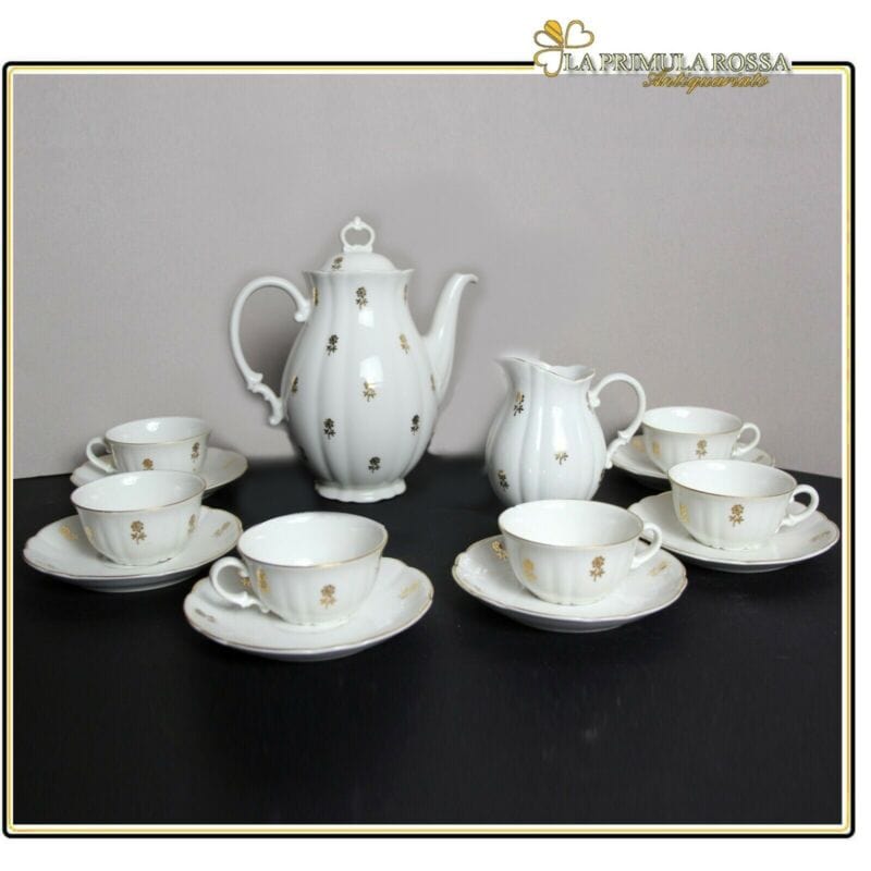 Servizio da caffè antico tazzine caffe antiche in porcellana bianca oro 14 pezzi Ceramiche e Porcellane