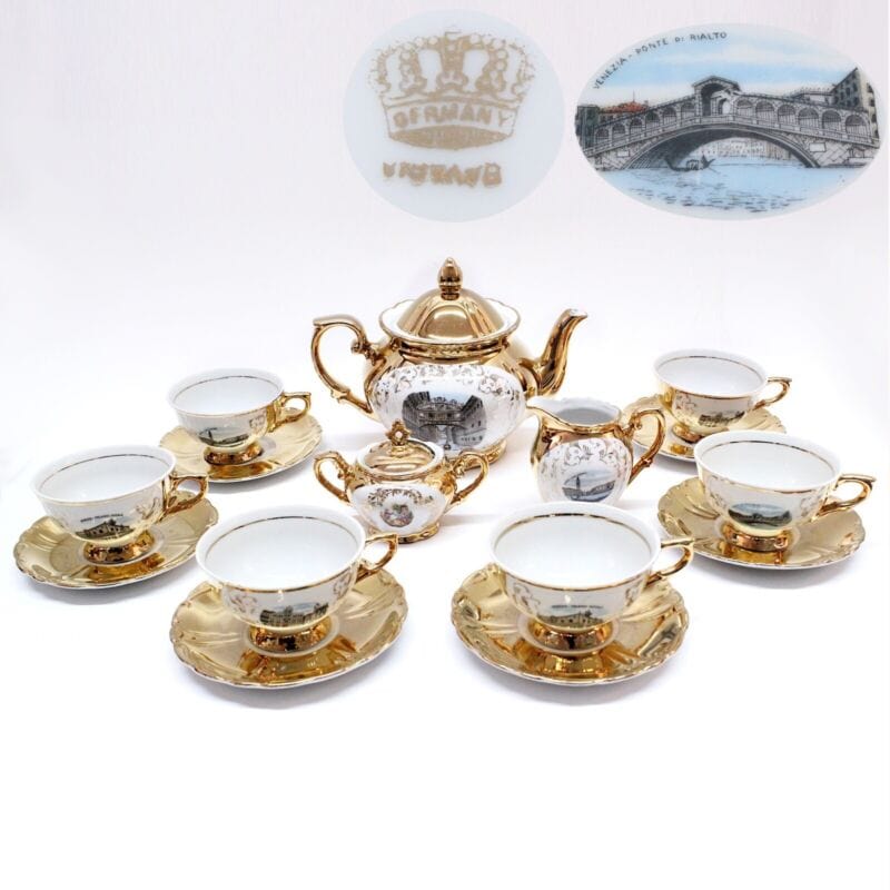 Servizio da tè the antico in porcellana bianca oro Bavaria Venezia tazze teiera Ceramiche e Porcellane