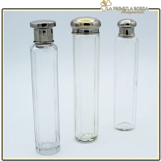 Set di tre boccette vintage porta profumo vetro e silver plate ampolle toilette Sheffield & Argento