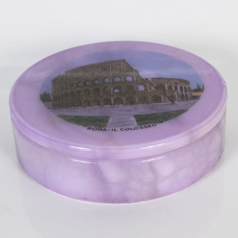 Souvenir Roma italia Vintage anni 70 Colosseo scatola rotonda in alabastro viola Pubblicità vintage