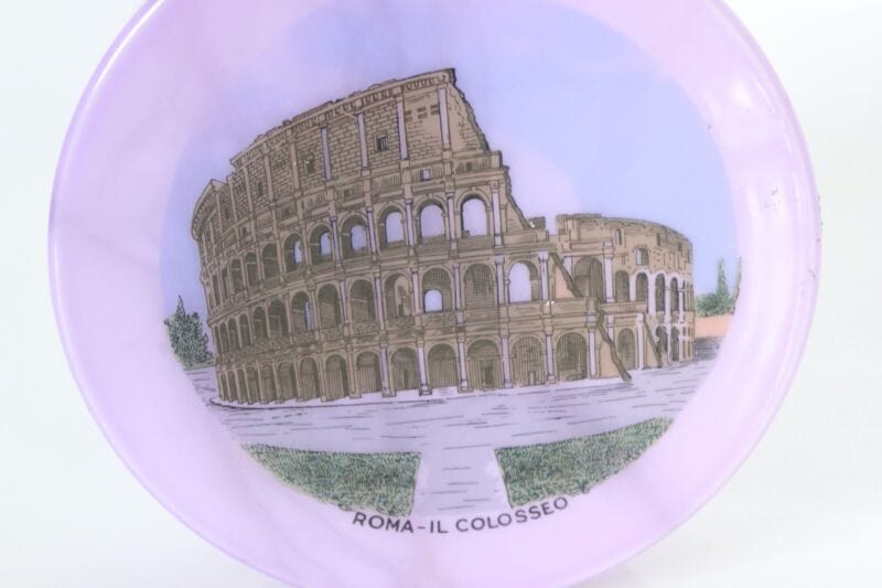 Souvenir Roma italia Vintage anni 70 Colosseo scatola rotonda in alabastro viola Pubblicità vintage