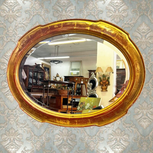 Specchio Specchiera antica vintage in legno dorata cornice ovale con foglia oro Complementi d'arredo