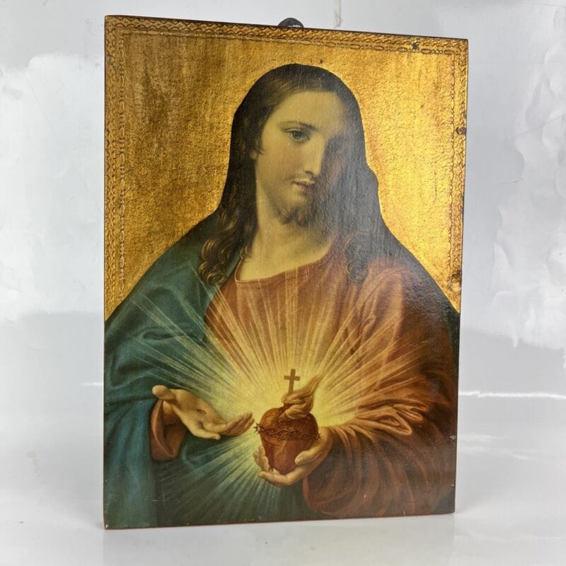 Tavola Sacro Cuore di Gesù in legno e oro Icona religiosa Stampa Vintage 900 Oggetti sacri - rosari