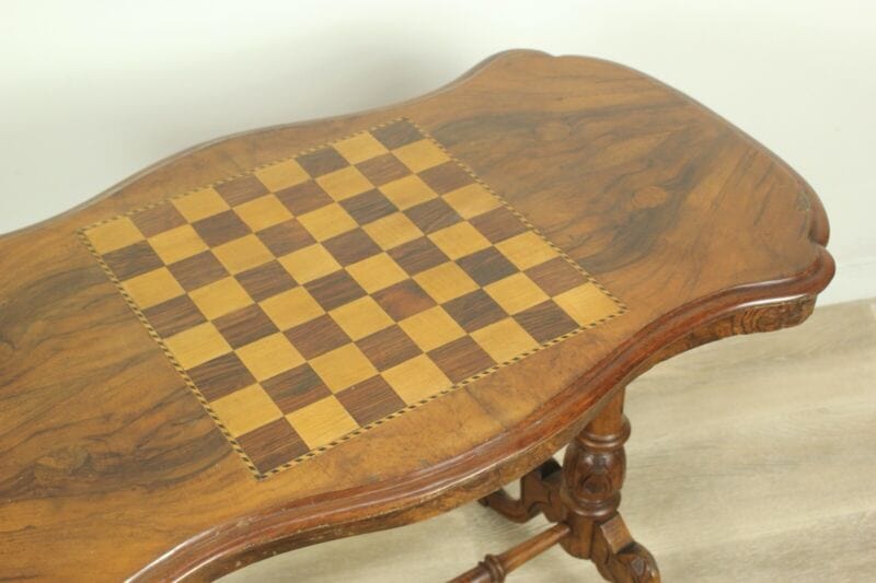Tavolino tavolo antico da per salotto in legno d'epoca 800 intarsiato scacchiera Arredamento