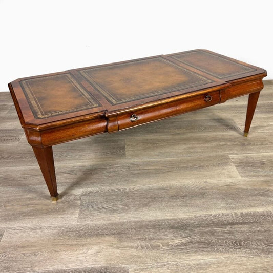Tavolino tavolo antico da salotto basso in legno piano pelle per ufficio vintage Arredamento