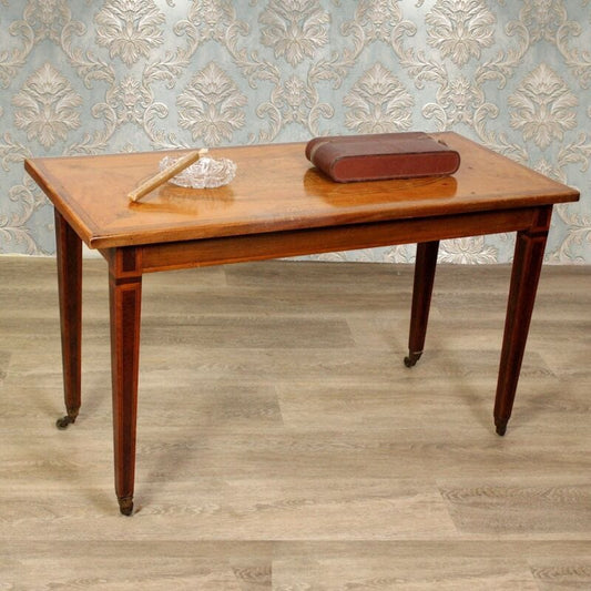 Tavolino tavolo antico da salotto soggiorno in legno intarsiato rettangolare . Arredamento