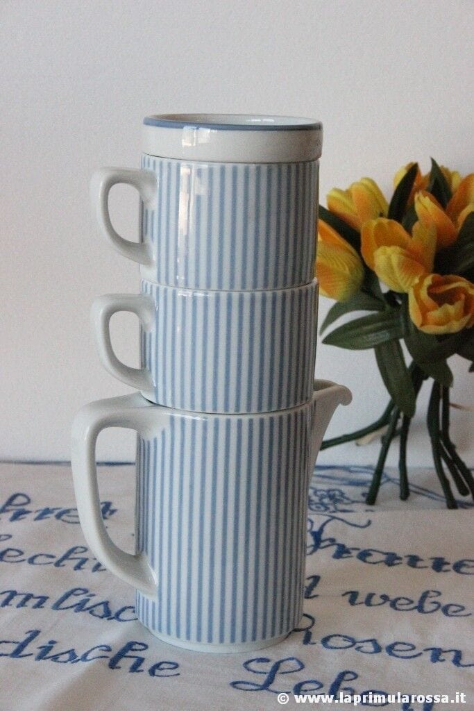 TETE A TETE  TAZZE VINTAGE IN CERAMICA SCHONWALD A RIGHE BIANCO CELESTE TEIERA Ceramiche e Porcellane