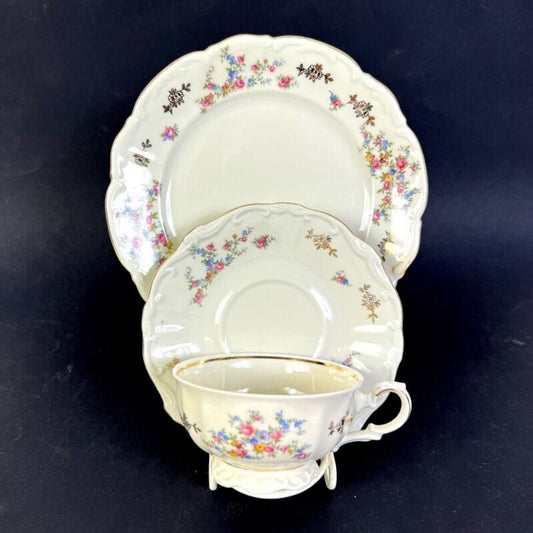 Trio da tè the antico in porcellana vintage Bavaria tazze teiera a fiori e oro Ceramiche e Porcellane