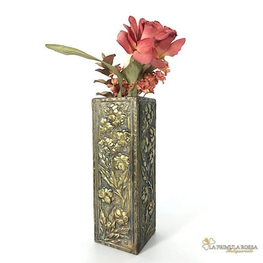 Vaso Porta fiori in legno e ottone vasetto cesellato soprammobile vintage antico Ottone