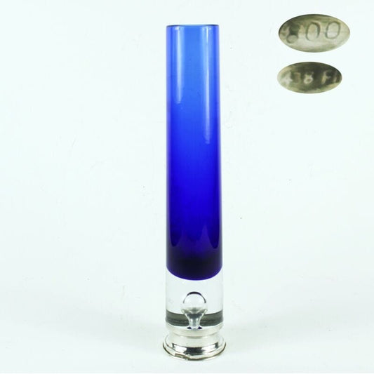 Vaso porta fiori in vetro blu cobalto e argento 800 vasetto stretto Murano '70 Vetri e Cristalli
